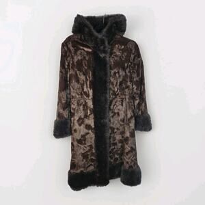 Vintage Union Made Faux Fur Coat Chocolate Brown Mod Full Length Size Small Glam